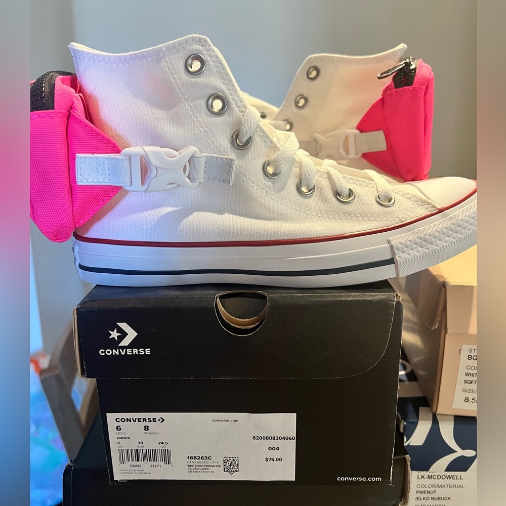 Brand new in box high top Converse with buckle mini bag strapped to the back